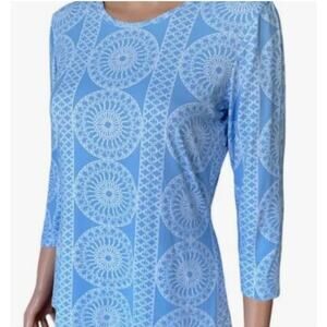 J.McLaughlin Coastal Resort Preppy Catalina Top L Blue White Mandala 3/4 Sleeve